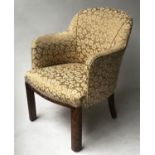 ART DECO TUB ARMCHAIRS, a pair, walnut with arched backs with maple leaf woven upholstery, 60cm