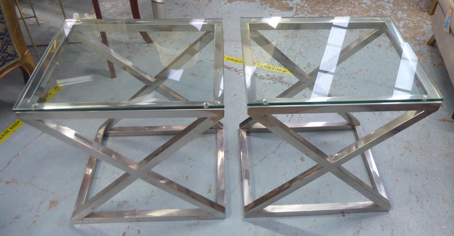 EICHHOLTZ CRISS CROSS SIDE TABLES, a pair, each with a rectangular glass top, 56cm W x 59cm H x 46cm