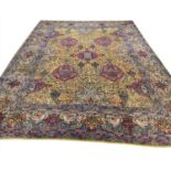 FINE ANTIQUE LAVER KERMAN CARPET, 365cm x 280cm, golden field.