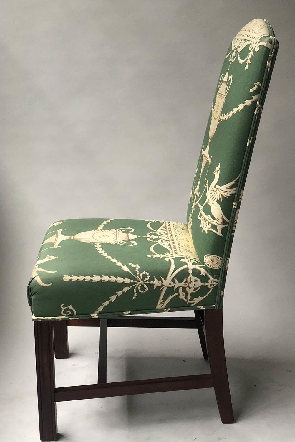 SIDE CHAIRS, a pair, George III style mahogany with Neo Classical urn and swag patterned green