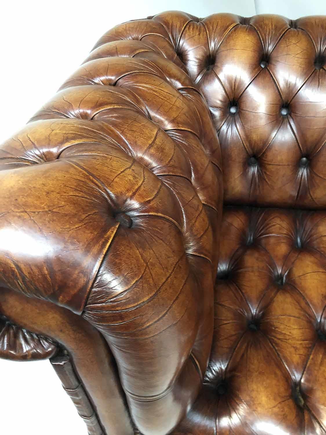 CHESTERFIELD SOFA, Victorian style hand dyed leaf brown leather with deep button upholstered back, - Image 5 of 7