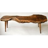 LOW TABLE, burr yew naturalistic rustic form with splay tapering capped supports, 125cm x 40cm H.
