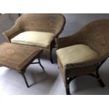 CONSERVATORY SUITE, two tone rattan and bound comprising a sofa 137cm W, armchair 76cm W and table