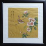 A SET OF THREE CHINESE SILK PAINTINGS, depicting sparrows and butterflies on blossoming tree