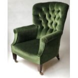 EDWARDIAN ARMCHAIR, buttoned Royal green velvet and square tapering supports, 73cm W.