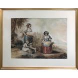MANNER OF HENRY WILLIAM BUNBURY (1750-1811) 'Girls Gathering with Child and Dog', watercolour,