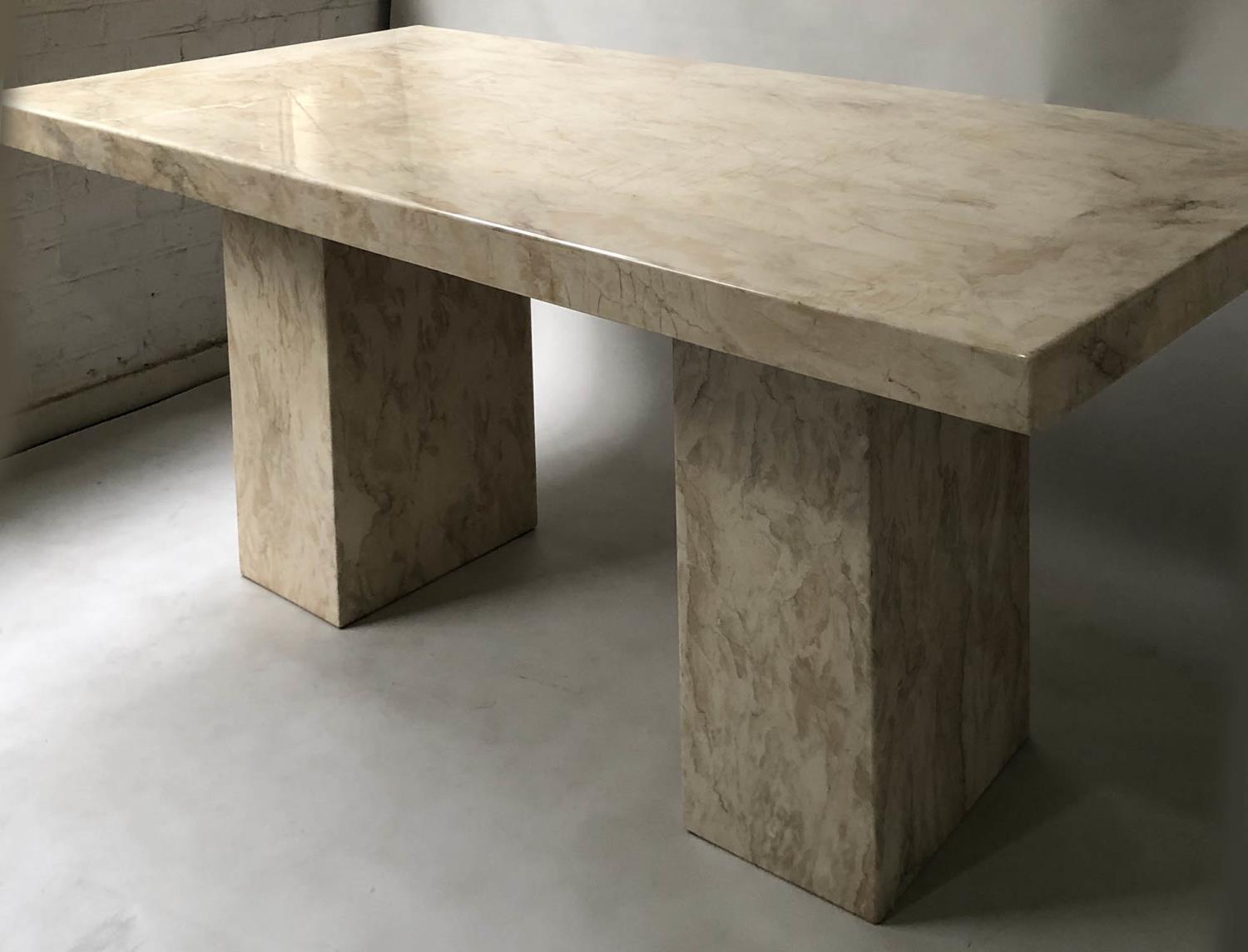 TRAVERTINE DINING TABLE, 1970's rectangular raised upon dual pillar supports, 180cm x 90cm x 76cm.