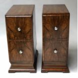 BEDSIDE CHESTS, a pair, Art Deco figured walnut and silvered metal with two drawers, 30cm x 50cm x