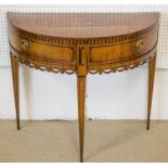 SIDE TABLE, 19th century Dutch demi lune satinwood with fan inlay and two hinged drawers, 80cm x