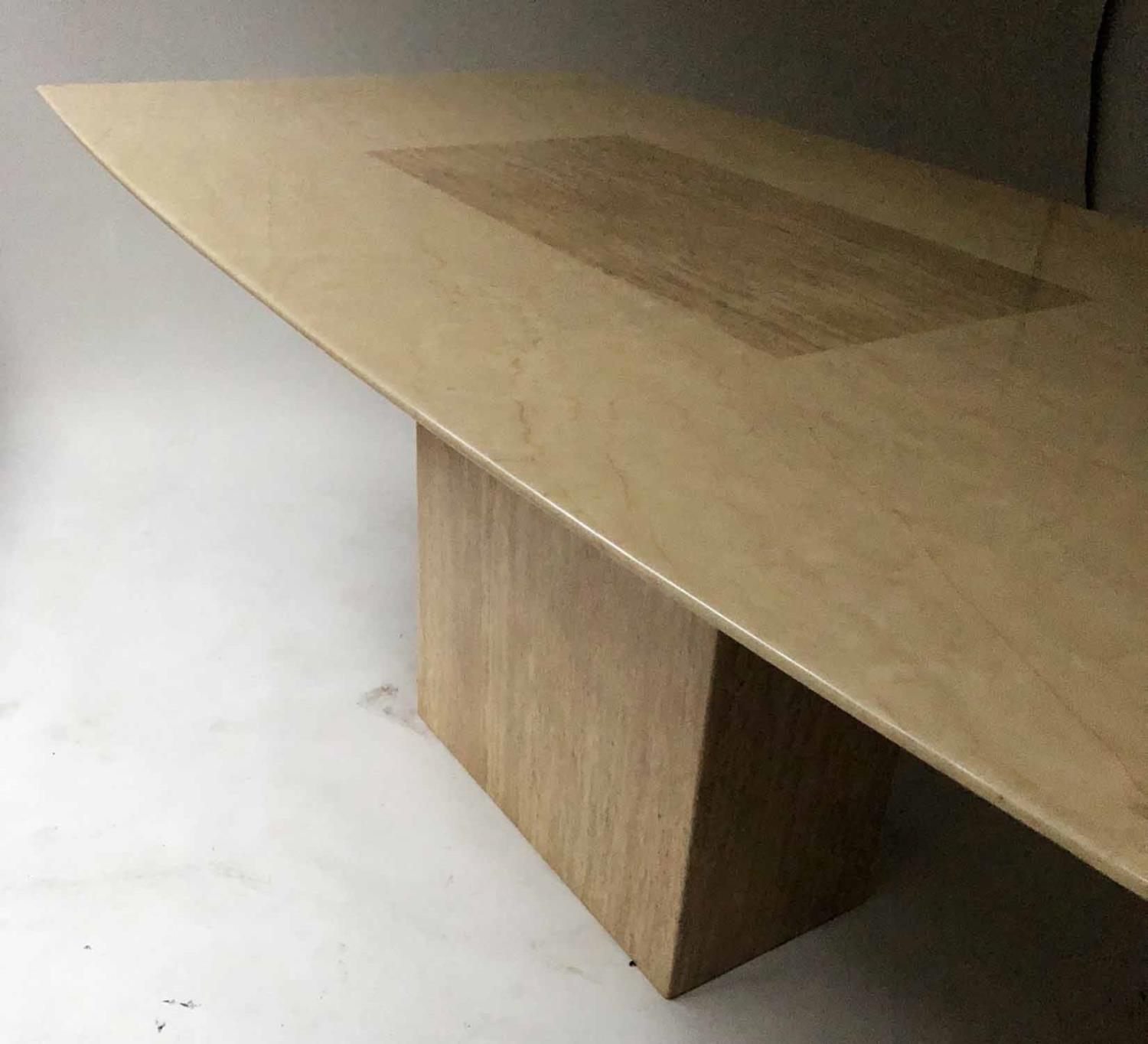 TRAVERTINE DINING TABLE, rectangular and bow sided on pillar support, 175cm x 95cm D x 77cm H. - Image 4 of 4