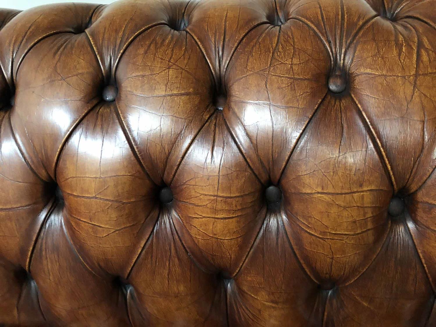 CHESTERFIELD SOFA, Victorian style hand dyed leaf brown leather with deep button upholstered back, - Image 4 of 7