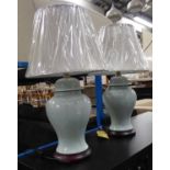 CHINESE CELADON STYLE TABLE LAMPS, a pair, with shades, 67cm H approx. (2)