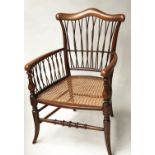ARMCHAIR, 19th century English fruitwood with cane seat and woven back, 53cm W.