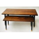 LOW TABLES, G plan style teak with ebonised swept supports, largest 40cm H x 97cm W x 48cm D. (2)