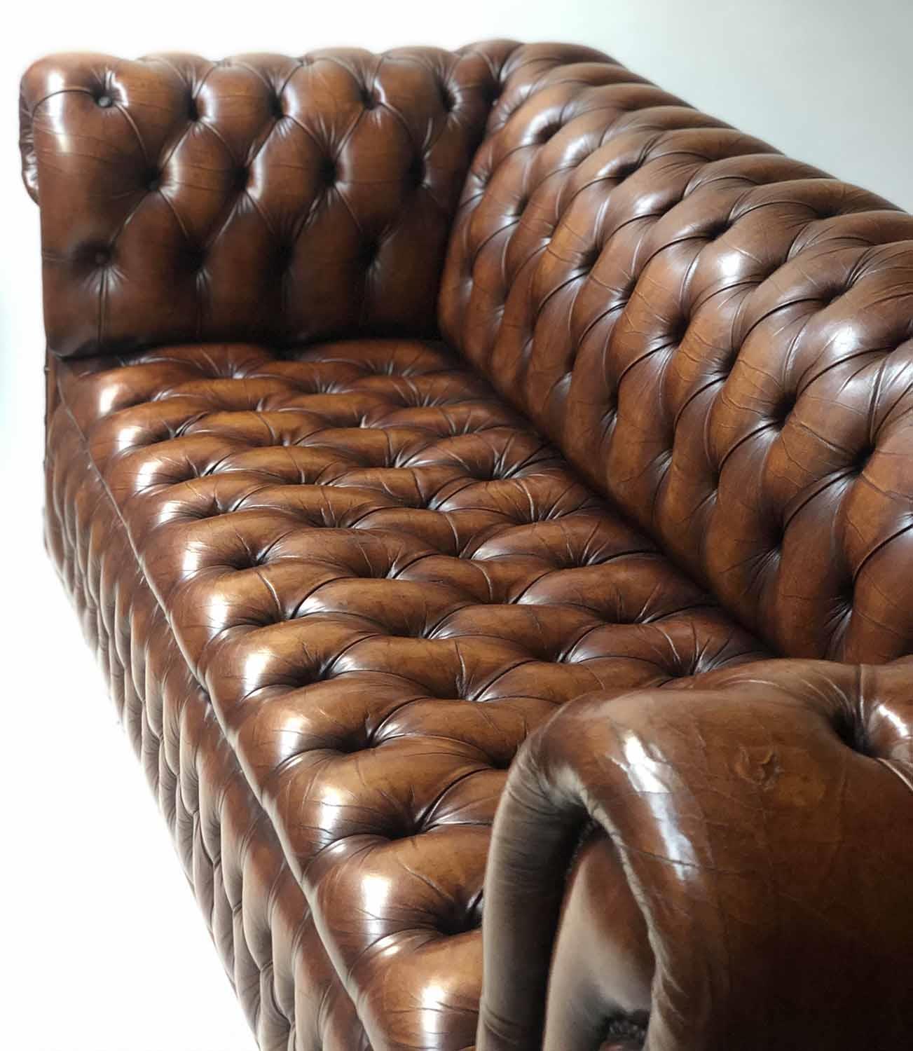 CHESTERFIELD SOFA, Victorian style hand dyed leaf brown leather with deep button upholstered back, - Image 7 of 7