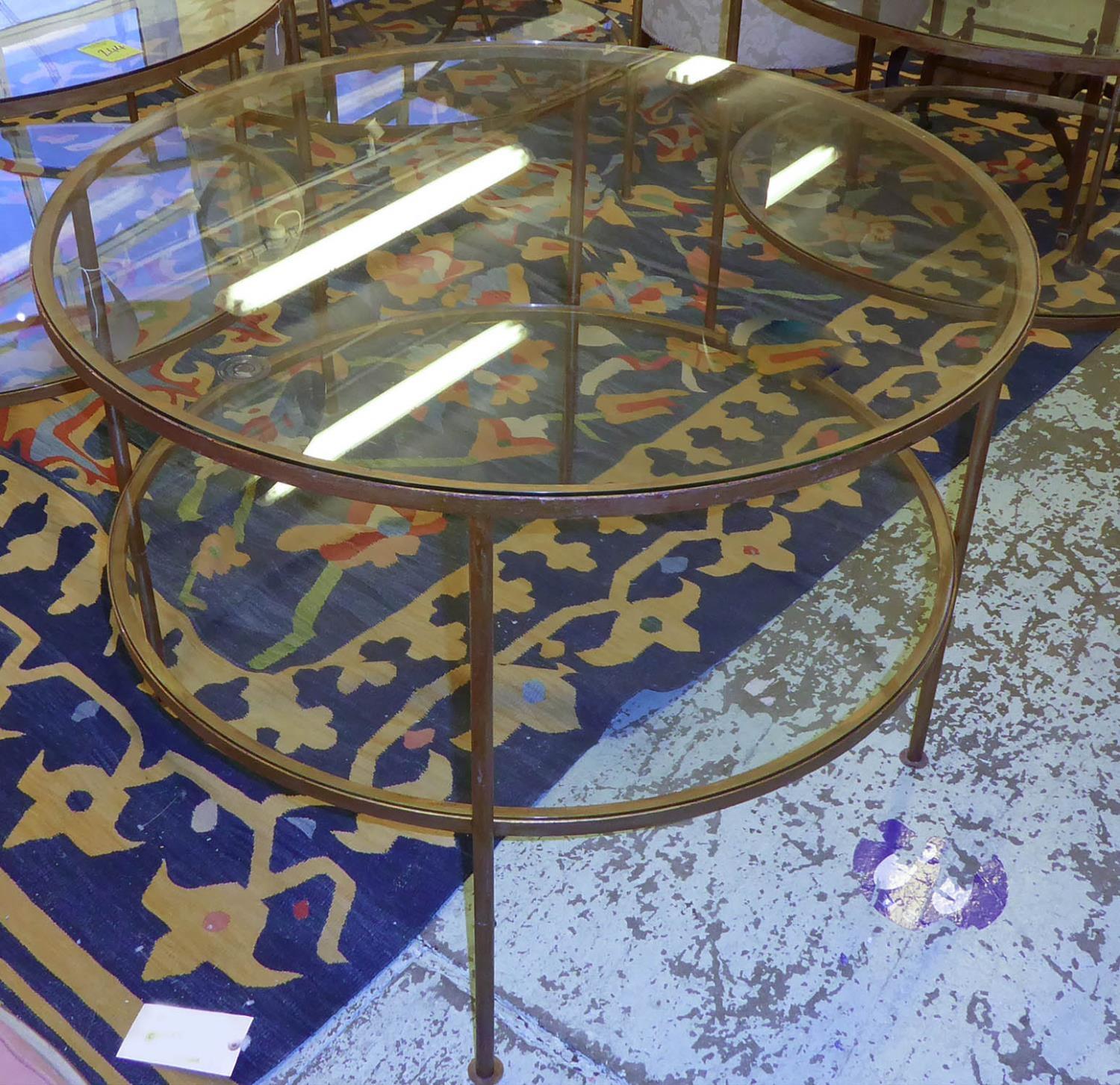 DISPLAY TABLES, a pair, the circular glass tops with under tier with gilt metal frames, 100cm W x