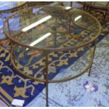 DISPLAY TABLES, a pair, the circular glass tops with under tier with gilt metal frames, 100cm W x