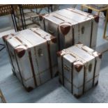 AVIATOR TRUNKS, a set of three vintage style metal with studded detail, largest 51cm W x 51cm D x