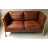 STOUBY SOFA, Danish two seater grained mid brown leather labelled 'Stouby', 150cm W.
