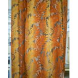 CURTAINS, five cut velvet orange autumn leaf design, 75cm gathered, 320cm Drop. (5)