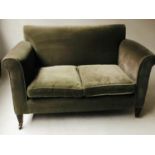 SOFA, Edwardian sage green velvet with scroll arms and square section supports, 142cm W.
