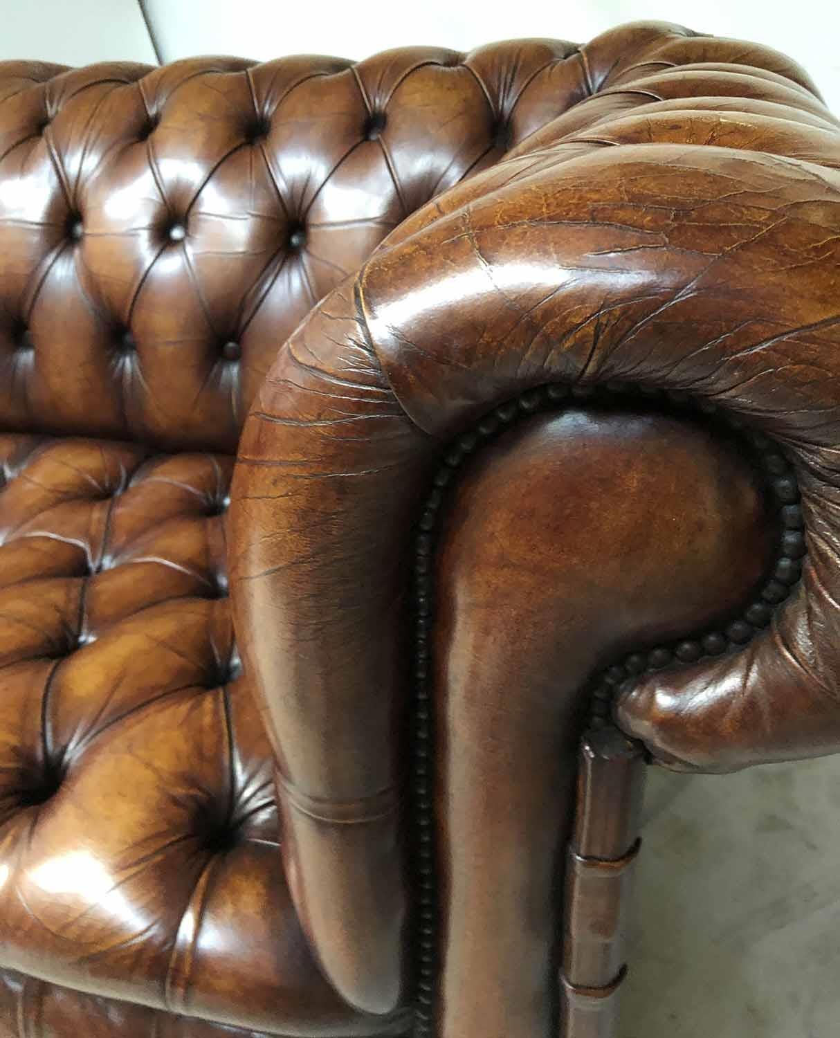 CHESTERFIELD SOFA, Victorian style hand dyed leaf brown leather with deep button upholstered back, - Image 6 of 7