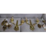 WALL SCONCES, a pair, polished brass, 39cm x 37cm H and three adjustable branch wall lights, 27cm H.