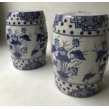 BARREL STOOLS, a pair, Chinese export style ceramic blue and white, 45cm H. (2)