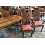 DINING CHAIRS, a set of eight Indian teak with profusely carved backs and cabriole supports and