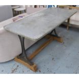 TABLE, industrial style with a metal top on a cast iron base, 70cm D x 80cm H x 150cm L.