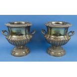 WINE COOLERS, a pair, 19th century Sheffield plate, campana urn form with engraved armorial and