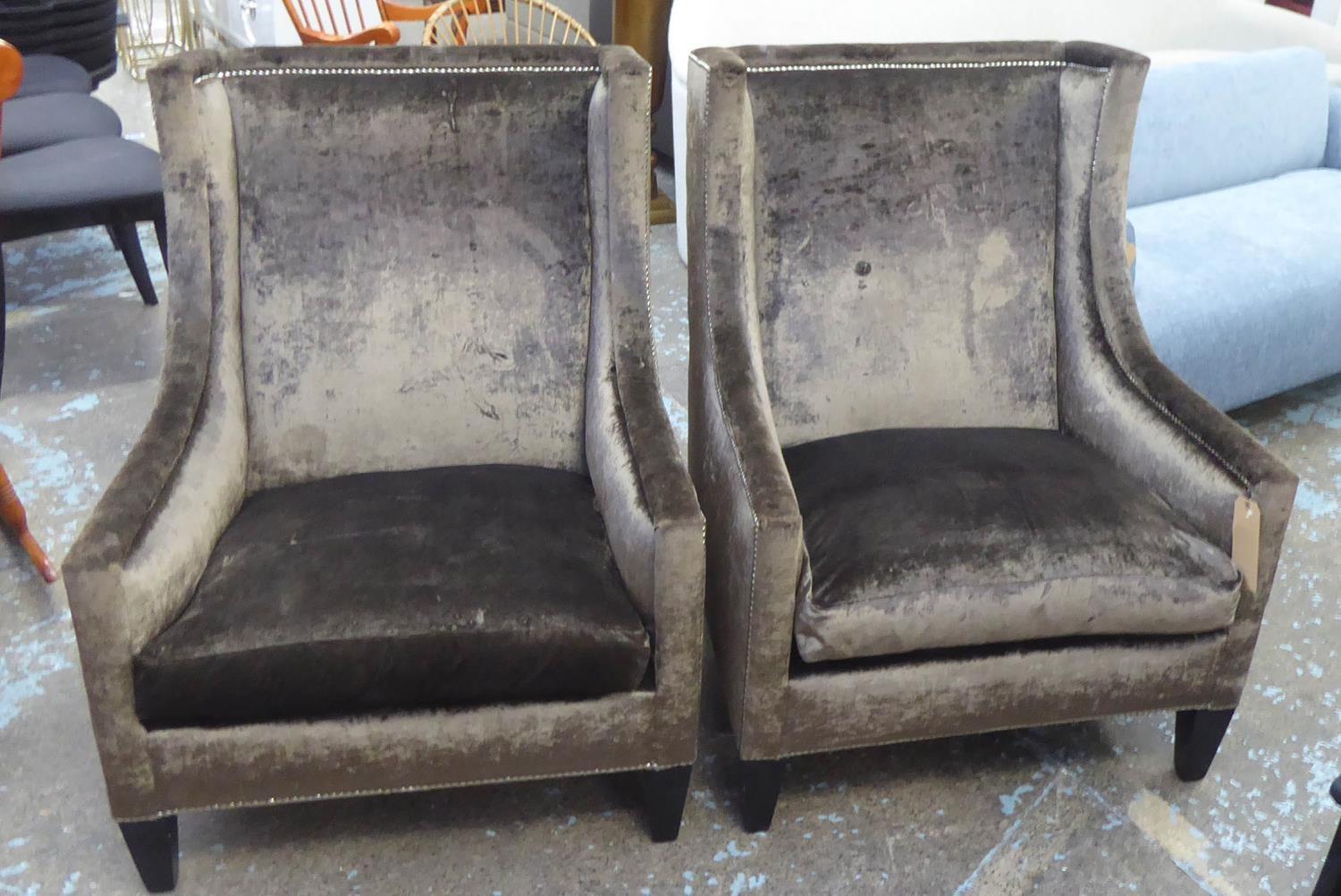 ARMCHAIRS, a pair, with brown upholstery and studded detail, 74cm W. (2) (with faults) - Image 2 of 2