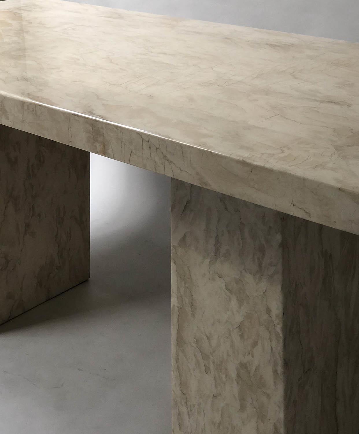 TRAVERTINE DINING TABLE, 1970's rectangular raised upon dual pillar supports, 180cm x 90cm x 76cm. - Image 5 of 5