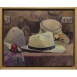 ELIZABETH GARDINER 'Hats', oil on canvas, signed, 24cm x 30cm, framed.