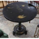 LAMP TABLE, 19th century black Japanned and painted, the circular top with bird detail on a turned