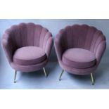 CLOUD ARMCHAIRS, a pair, Art Deco style dusty pink velvet upholstered and splay gilt metal supports,