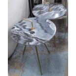 SIDE TABLES, a pair, Contemporary design, marble top, with central handles for moving, 58cm H. (2)