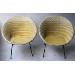 BASKET CHAIRS, a pair, 1950's Italian bicolour yellow and white wicker and black iron framed, 67cm