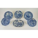 PLATES, six, various 19th century blue and white, decorated with a variety of scenes including an