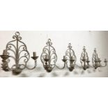WALL LIGHTS, a set of five, Swedish Gustavian design distressed painted metal, 51cm H x 37cm approx.