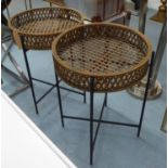 PLANT STANDS, a pair, black metal with bamboo basket tops, 61cm diam x 74cm H. (2)
