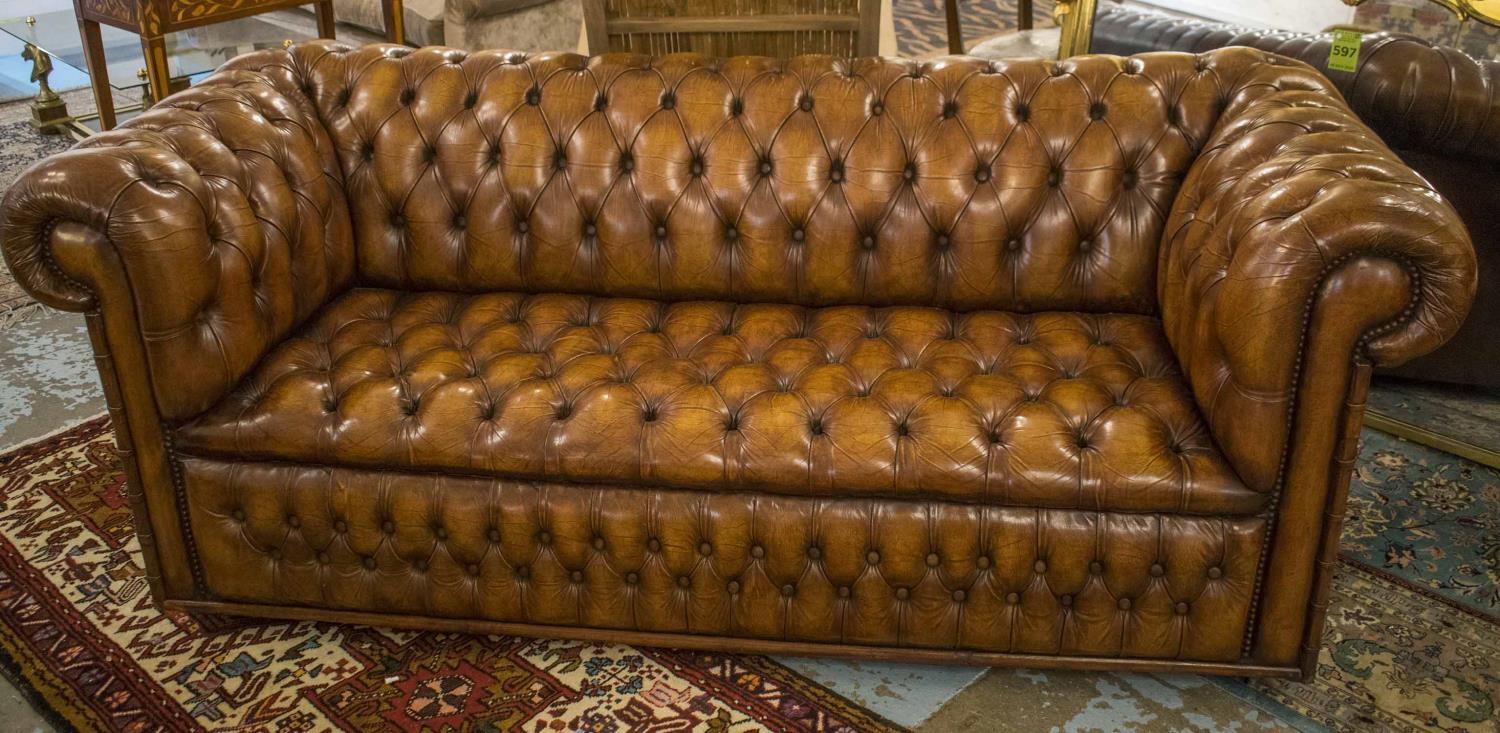 CHESTERFIELD SOFA, Victorian style hand dyed leaf brown leather with deep button upholstered back,