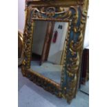 WALL MIRROR, 18th Century Continental, giltwood and green painted with modern rectangular plate in a