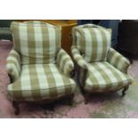 BERGERES, a pair, Louis XV style with Claremont checked upholstery on short cabriole supports,