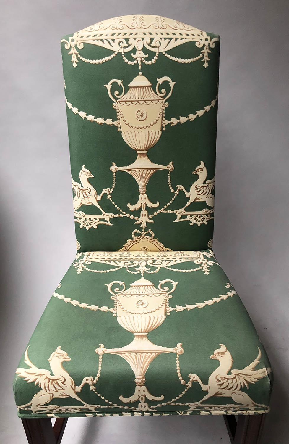 SIDE CHAIRS, a pair, George III style mahogany with Neo Classical urn and swag patterned green - Image 2 of 4