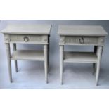 LAMP TABLES, a pair, Scandinavian style grey painted and silvered metal with frieze drawer and