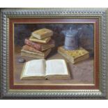 NURIA MARTIN 'Antique Books, Spectacles and a Tankard on a Table', oil on canvas, signed lower