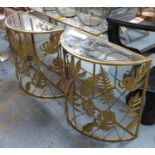 DEMI LUNE SIDE TABLES, a pair, gilt metal and mirror, 78cm x 31cm x 68cm (2).