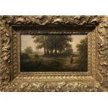 19TH CENTURY SCHOOL 'Landscape with Figures and Horses', oil on panel, 13cm x 24cm, framed.