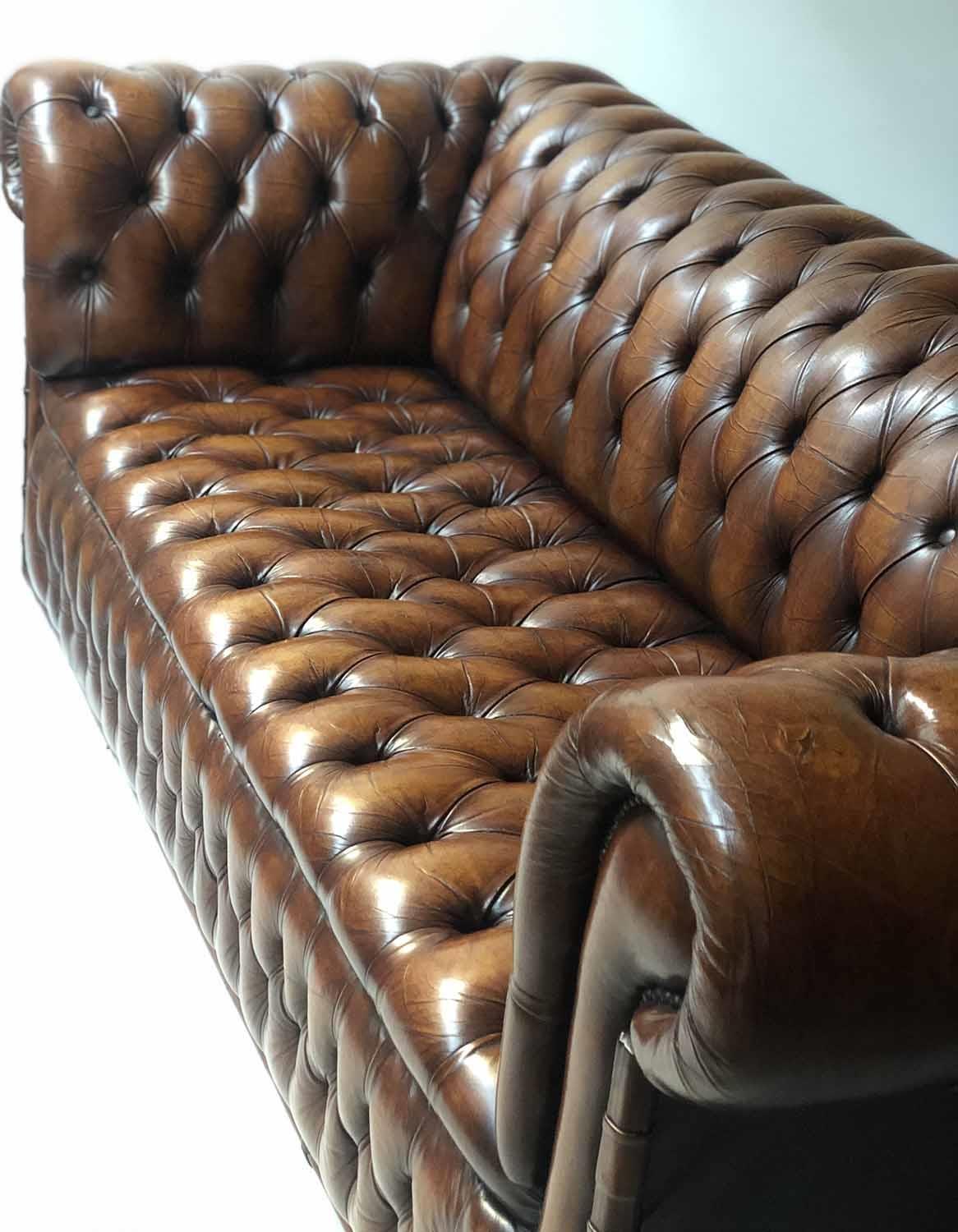 CHESTERFIELD SOFA, Victorian style hand dyed leaf brown leather with deep button upholstered back, - Image 2 of 7